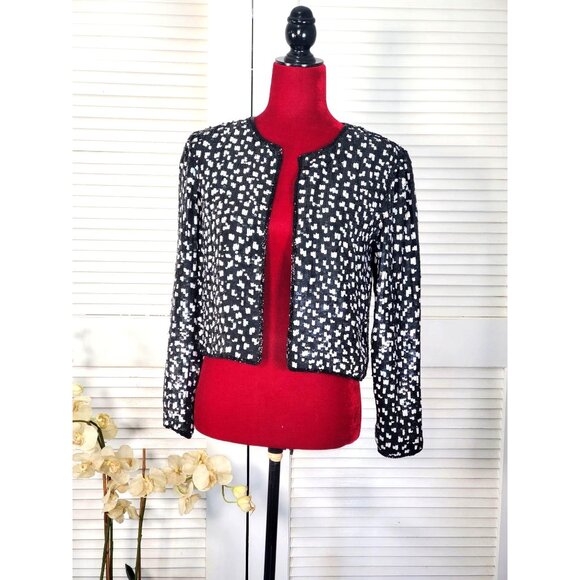 Stenag Jackets & Blazers - Vintage Stenag  Black and White Sequin Silk Bolero Evening Jacket Sz P S 1599